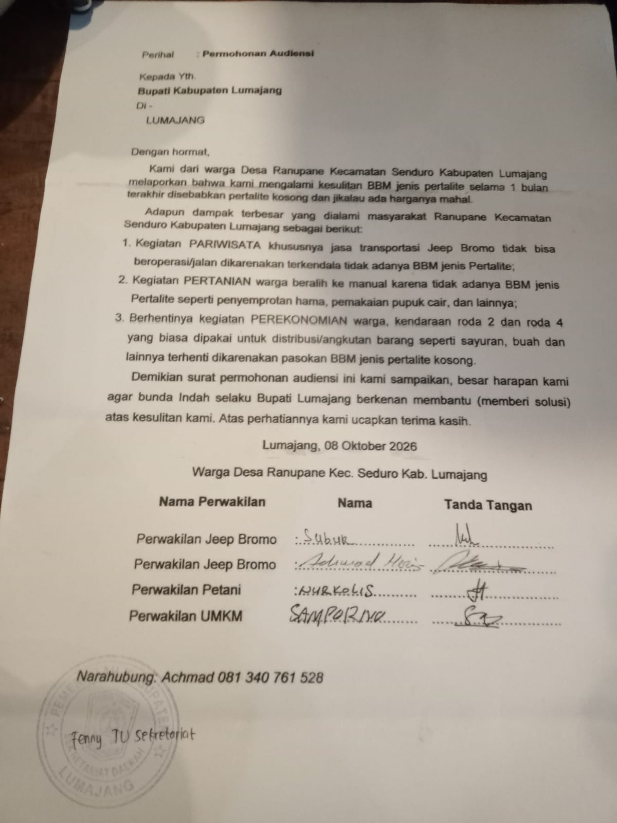 Warga Ranupane Minta Audiensi dengan Bunda Indah melalui Surat Resmi